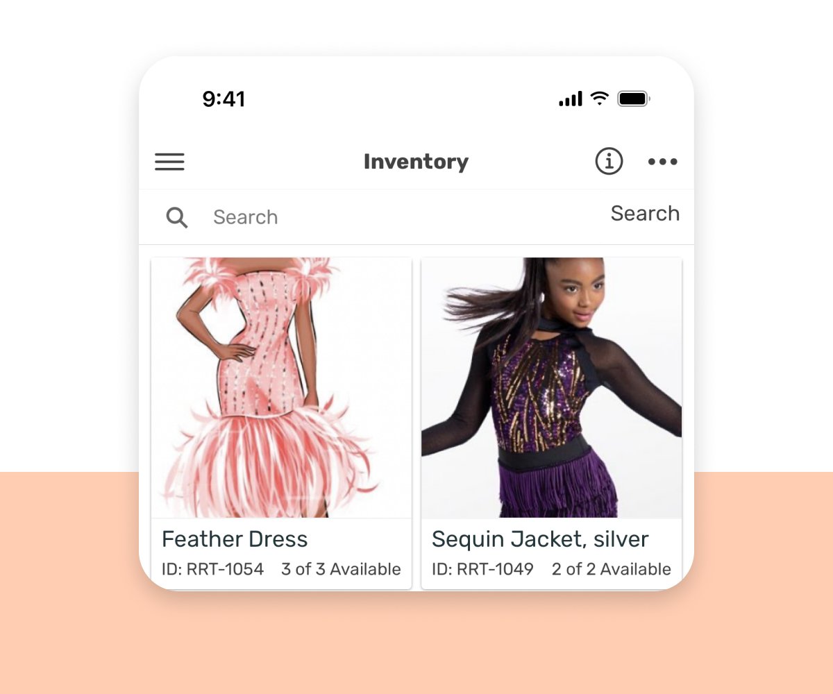 StageStock app showing a photo grid of costume inventory with availability