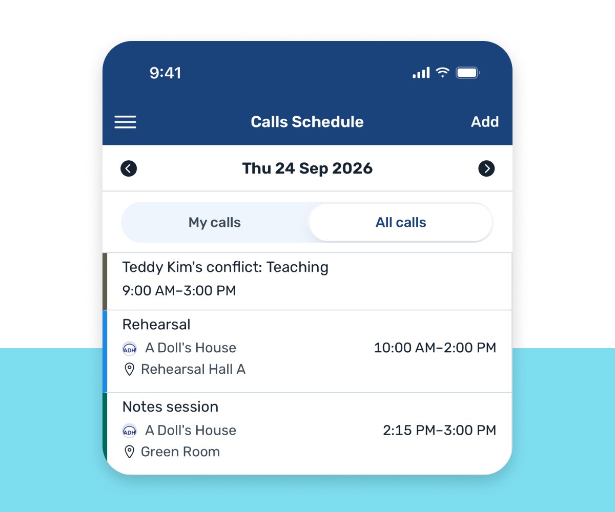 VirtualCallboard app showing a day's call schedule across productions